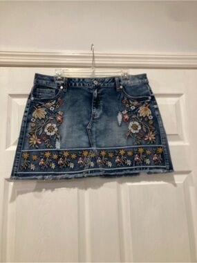Altar'd State Blue Denim Mini Skirt with Multicolor Floral Embroidery